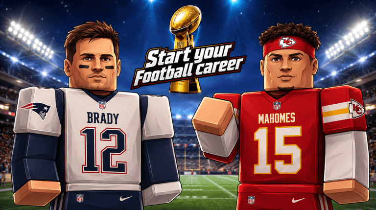 Official Start Your Football Career artwork featuring Roblox football players in a stadium.